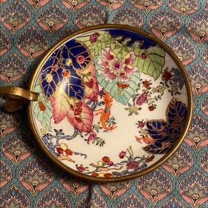 Elegant Floral Chinese Holder or dish with brass Trim and holder